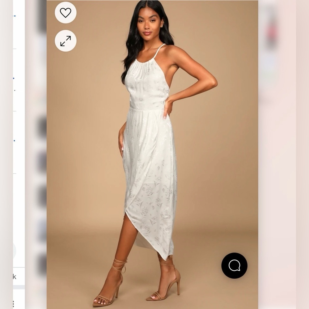 LULUS | NWT REMARKABLE MOMENTS WHITE FLORAL JACQUARD SATIN TULIP MIDI DRESS XS